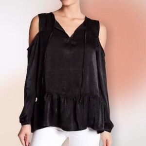 HARLOWE & Graham Black‎ Polyester Satin Cold Shoulder Ruffled Top New